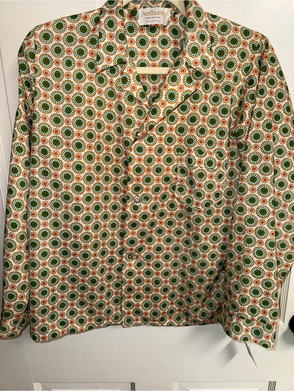 Andhurst Floral Circle Print Button-Front Blouse in Green & Orange